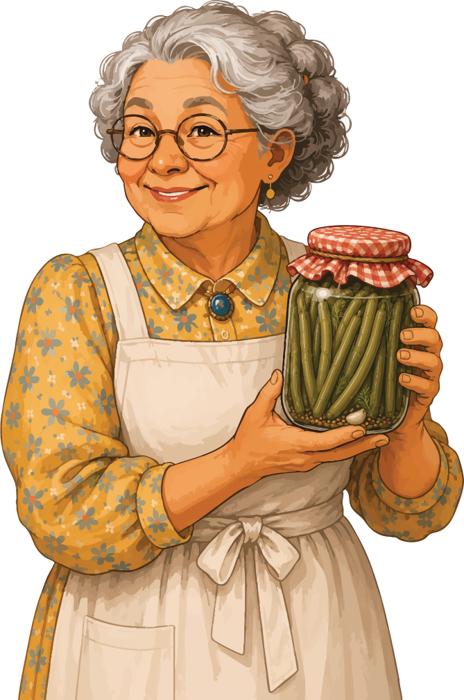 Illustration of Meemaw, a sweet old lady with a love for pickles